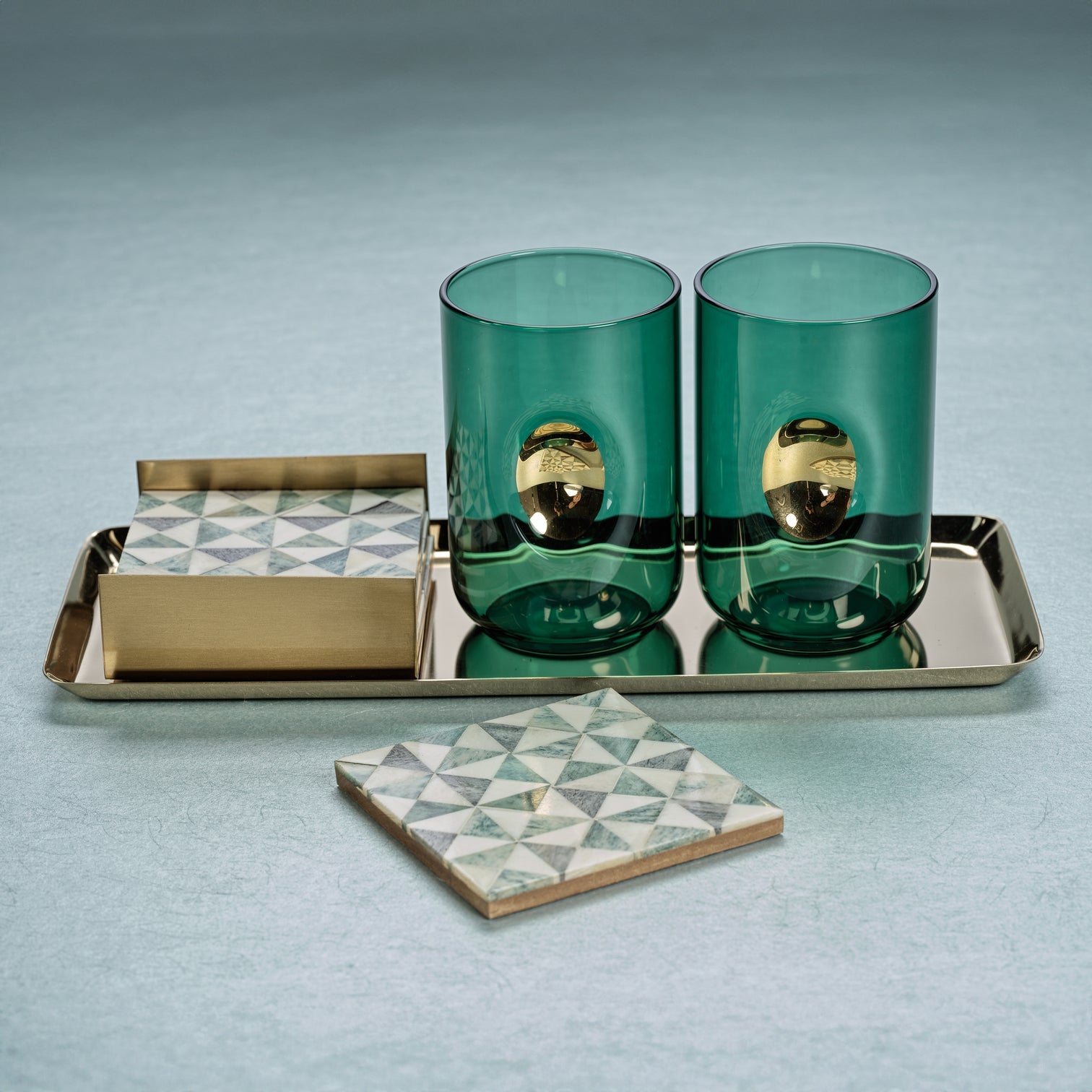 Emerald Teal Gold Accent Glass Tumblers Set of 4